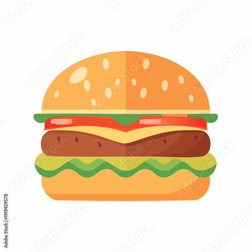 Classic hamburger illustration featuring a juicy patty, fresh vegetables, and melted cheese, perfect for fast food branding and menu designs. A vibrant graphic representation of a popular meal