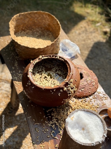 Pots of rice at the farm