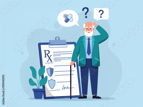 Elderly man confused about medication standing next to large prescription clipboard with question marks and a pill in thought bubble  worried senior citizen looking puzzled