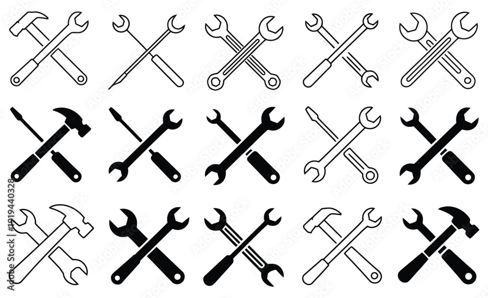 Naklejka premium apprentice level maintenance badge with wrenches hammer and screwdriver thin line icons, beginner rank achievement symbol for technical repair skills and basic mechanical work.