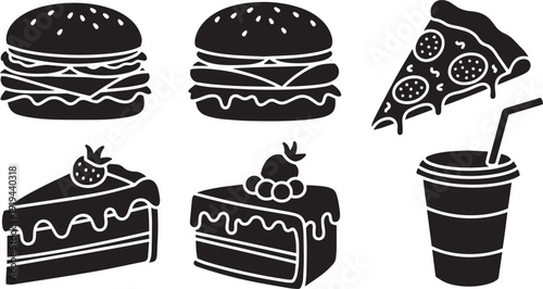 A delightful assortment of food items including burgers, pizza, cake, and a drink. isolated on white background.