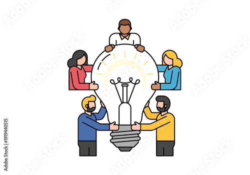 Diverse group of people collaborating to create innovation and new ideas represented by a glowing lightbulb in a teamwork concept