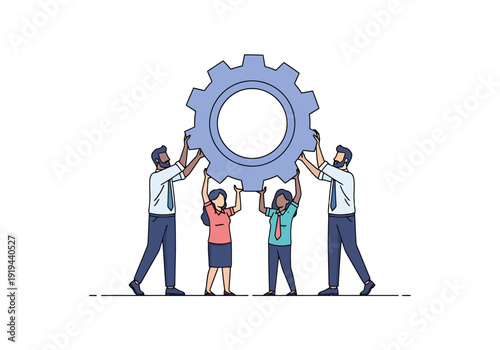 Diverse Group Of People Collaborating To Lift A Large Gear Symbolizing Teamwork And Business Success