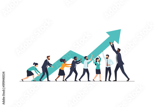 Diverse group of business professionals working together to push a growing arrow symbolizing upward progress and collaboration in a professional