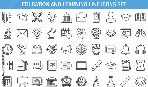 Education and learning line icons set, school university knowledge study vector illustration isolated on white background