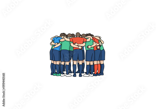 Team Huddle Graphic Illustrating Unity and Sport Collaboration With Players In Uniforms Embracing Each Other Closely Together