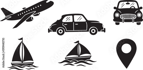 Various modes of transportation and a location pinpoint icon. isolated on white background,