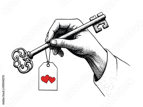 Hand holding large ornate key with tag and two hearts on white background