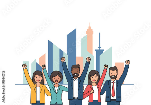 Diverse group of happy smiling happy business people raising arms in celebration with modern city skyline background celebratory success achievement