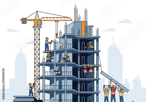Construction workers and crane building multi story concrete structure high rise development project progress career teamwork city skyline background