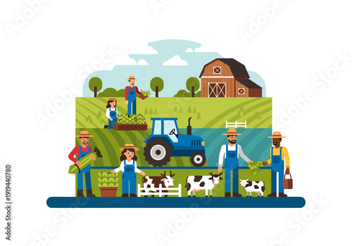 Rural Farming Community Gathering Together Working In Green Fields With Tractor Barn Livestock And Growing Crops For Sustainable Agriculture Concept