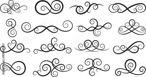 A collection of elegant and intricate black and white swirl designs isolated on white background,