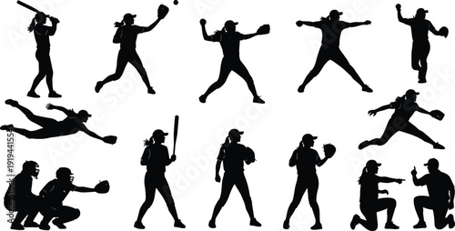 Black silhouettes of women playing softball baseball