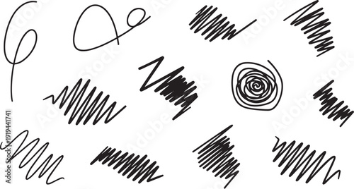 A collection of abstract doodles showcasing various line art patterns and shapes isolated on white background,