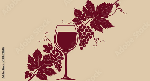 Red Wine Glass with Grapes and Leaves.