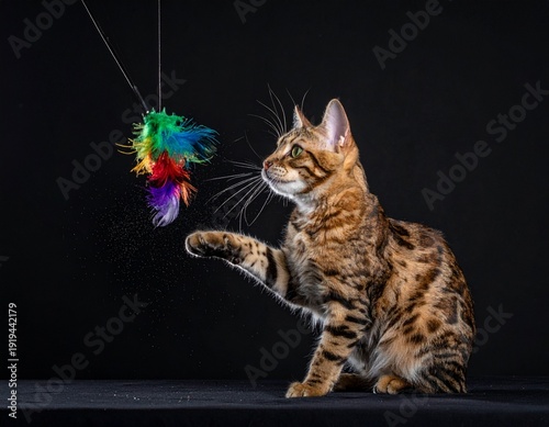 Gatto maculato su sfondo nero che gioca con un piumino multicolore