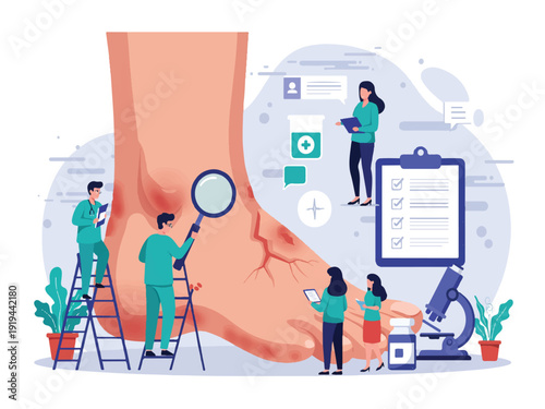 Medical professionals examining a large human ankle with a magnifying glass and clipboard in a clinical setting with doctors on ladders and a microscope