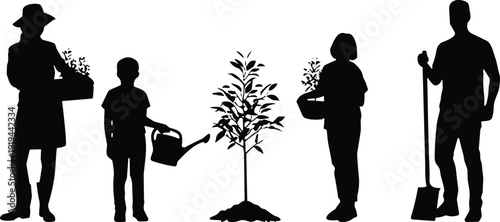 Gardening silhouettes of family planting tree with watering can, shovel and basket, eco friendly lifestyle, agriculture teamwork concept, isolated black figures on white.
