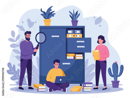 People working around large filing cabinet with binders and laptops and magnifying glass