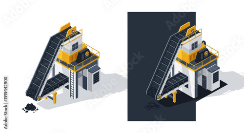 Isometric illustration of industrial machines with conveyor belts and yellow accents.