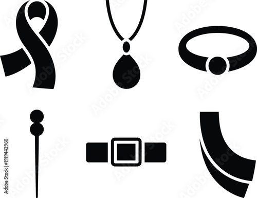 Assortment of Black Accessory and Symbol Icons on White Background Keywords: ribbon, necklace
