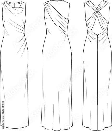 Elegant long dress CAD drawing with draped design, back twist detail, sleeveless style, fashion flat sketch, technical vector illustration