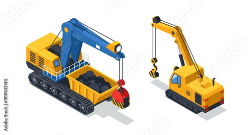 Illustration of two heavy machinery cranes with yellow and blue colors.