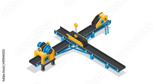 Industrial conveyor belt system with yellow machinery and blue frames.