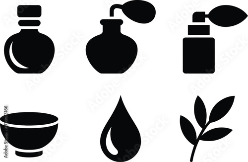 Black Silhouettes Of Perfume Bottles, A Bowl, A Water Drop And A Leaf spray atomizer