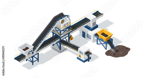 Industrial conveyor belt system with machinery and soil processing equipment.