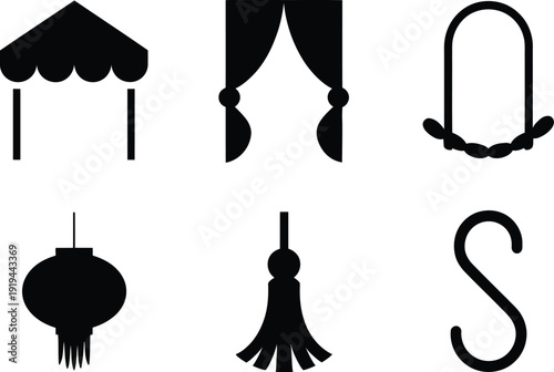Diverse Black Icons of Structures, Drapery, and Decorative Elements Keywords: awning, canopy