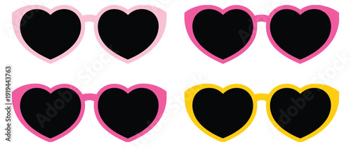 Heart Shaped Sunglasses Set, Pink Flat Romantic Vector Illustration, stylish eyewear collection in cute heart shape, trendy fashion accessory design for summer, love, romance,