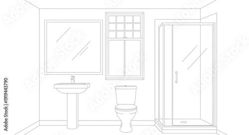 Simple black and white line drawing illustrating a standard residential bathroom layout featuring essential fixtures and architectural elements