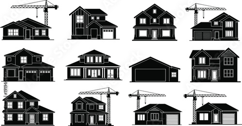 Black vector silhouette set of modern residential houses and suburban homes under construction with industrial cranes for real estate and architecture branding