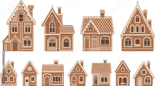 Festive gingerbread houses illustration featuring decorative icing, holiday architecture, Christmas tradition, winter celebration, creative baking design, and seasonal festive artwork