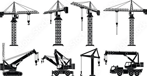Black vector silhouette set of various industrial construction cranes including tower cranes and mobile hydraulic cranes for building site engineering and machinery branding