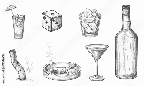 Hand Drawn Alcohol Drink Sketch Set with Bottle Cocktail Glass Ice and Bar Elements