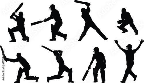 Cricket player silhouette set in action poses with bat and helmet on white background, sports competition concept, batting fielding and victory celebration illustration
