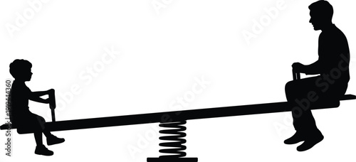 Father and child silhouette sitting on seesaw on white background, family relationship concept, parenting balance, childhood play, generation gap and emotional connection illustration