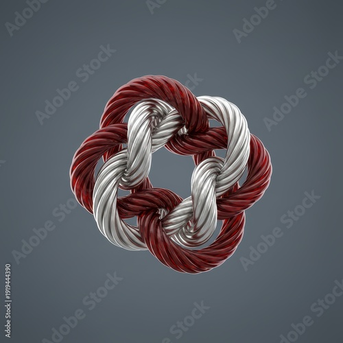 Twisted cable knot in red and silver. 3d abstract metallic structure on gray background. Concept of industrial connection and strength