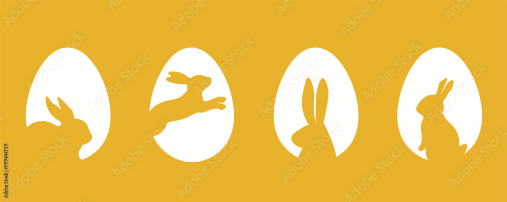 Naklejka premium happy easter banner card with egg and rabbit yellow. flat modern minimalistic illustration ,postcards, poster, ad