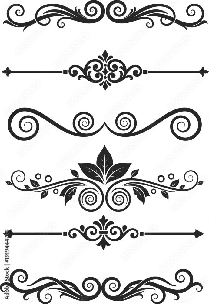 Fototapeta premium Set of ornate black floral swirl design elements and dividers on white background