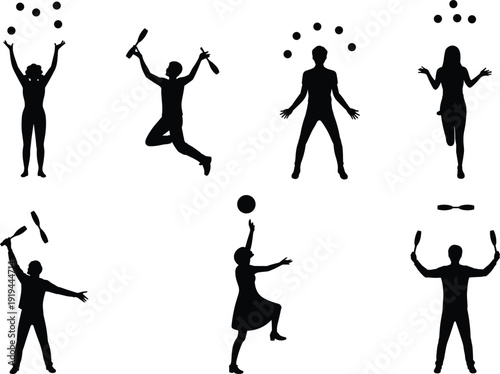 Juggling silhouette set of men and women performing circus tricks with balls and clubs on white background, entertainment show, street performer and festival illustration