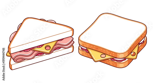 Two cartoon sandwiches with ham cheese and bread are digitally illustrated