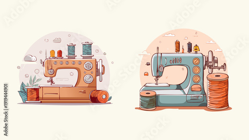 Delightful vector illustrations of classic sewing machines, ideal for fashion, hobby sewing, and creative textile crafting designs