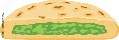 A cartoon style illustration of a halved sandwich with green filling