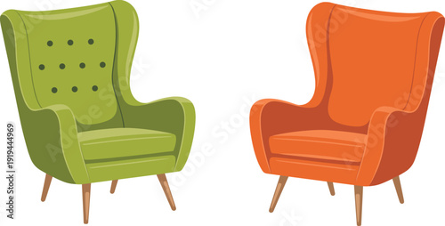 Modern upholstered armchairs in green and orange with wooden legs, stylish furniture design showcasing comfort, interior decor inspiration, and contemporary home seating