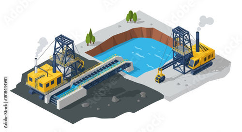 Isometric illustration of an industrial water treatment facility with machinery and equipment.