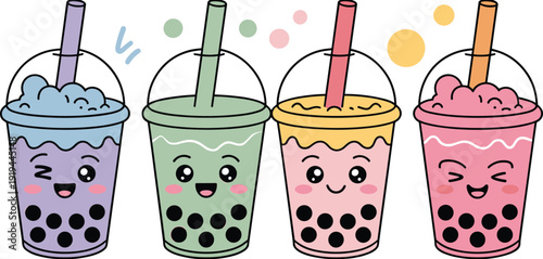 Cute Bubble Tea Cartoon Characters Vector Set with Kawaii Boba Drinks, Smiling Faces, Pastel Colors and Fun Beverage Illustrations for Food Design Projects
