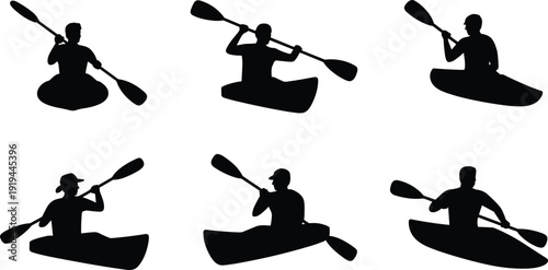 Black silhouettes of people rowing kayaks and canoes with paddles in various active water sports poses isolated on white background for outdoor adventure design